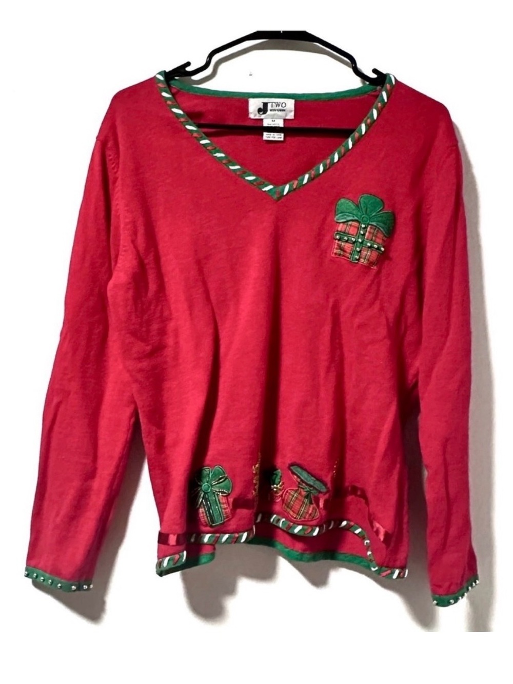 Vintage JTwo Ugly Christmas Sweater Red Knit Embroidered Women’s Size Medium